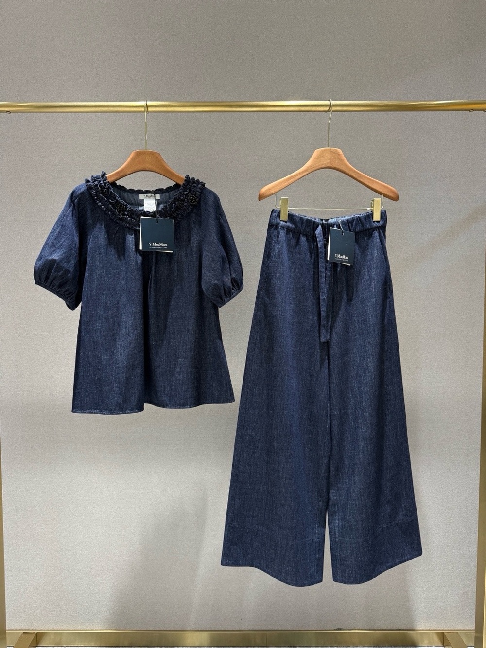 MaxMara Navy Denim Short-Sleeve Top & Wide-Leg Pants